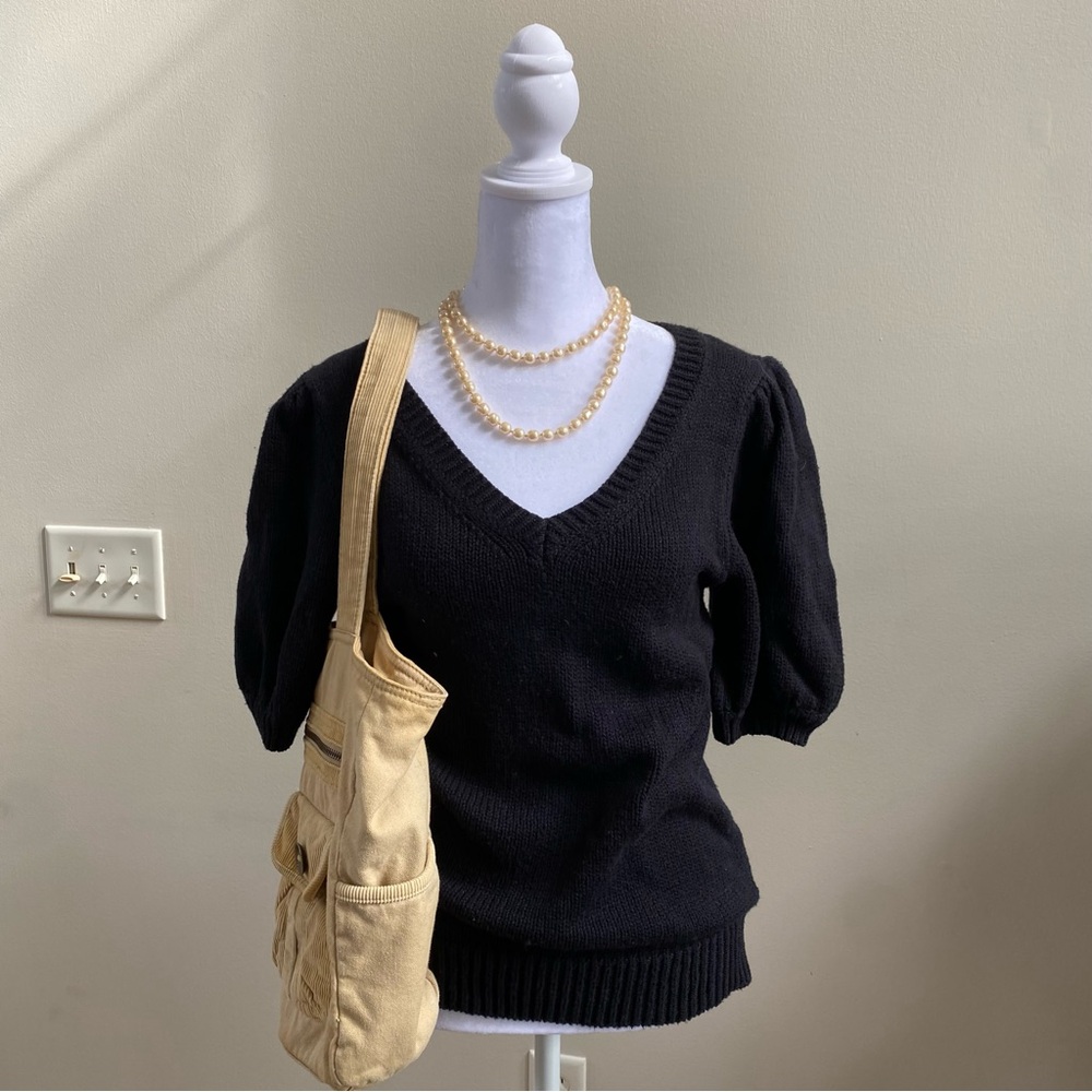 Philosophy Black Puff Sleeve Short Sleeve Sweater Top